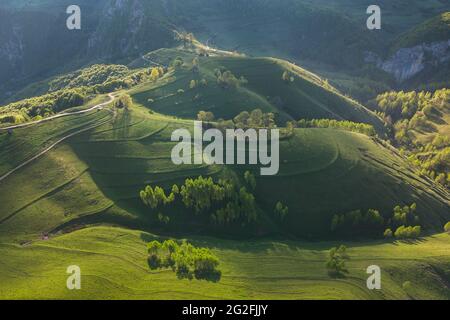 Vista sulle montagne con verdi colline, in primavera. Vista aerea del villaggio di Dumesti dai Monti Afuseni, Romania Foto Stock