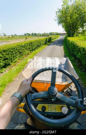 Guida di un mini-camion giallo lungo una corsia di fattoria. Foto Stock
