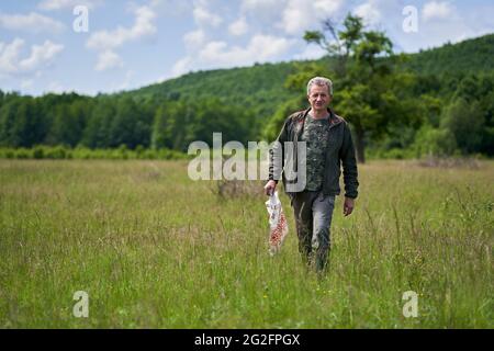 Forester foraging per i funghi parasoli su un campo vicino alla foresta Foto Stock