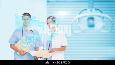 Composizione dello schermo con dati medici e icone su sorridenti medici e donne Foto Stock