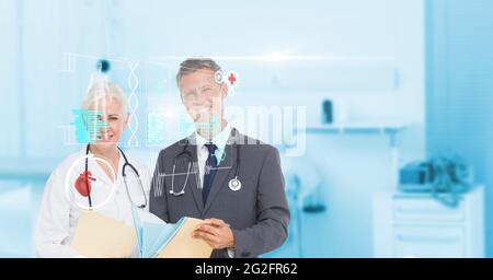 Composizione dello schermo con dati medici e icone su sorridenti medici e donne Foto Stock