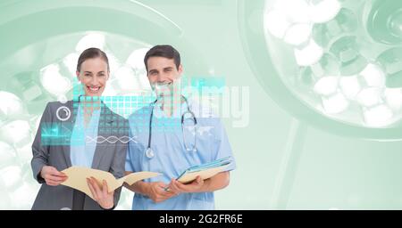 Composizione dello schermo con dati medici e icone su sorridenti medici e donne Foto Stock