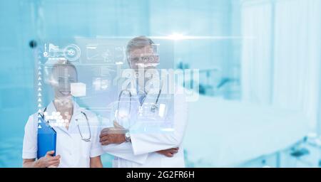 Composizione dello schermo con dati medici e icone su sorridenti medici e donne Foto Stock