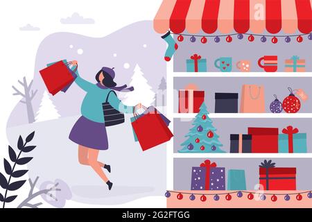 Felice personaggio femminile saltando con borse shopping. Vetrina con le decorazioni e i regali di Capodanno. Concetto di shopping fiera di festa, vendite di stagione. Illustrazione Vettoriale