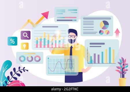 Trader analizza i dati. Analista finanziario che studia infografiche. Vari grafici, diagrammi e segni prima di uomo d'affari. Le tecnologie di commercio in linea in s Illustrazione Vettoriale