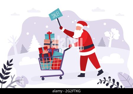 Biglietto d'auguri di Natale. Babbo Natale che spinge il carrello pieno di regali. Babbo Natale annuncia la stagione degli sconti per il nuovo anno e delle vendite per le festività. Banne Illustrazione Vettoriale