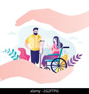 Persone con disabilità. Carattere maschile senza gamba con crutch. Donna carina si siede in sedia a rotelle. Concetto di assistenza per disabili e protezione per disabili. Divieto Illustrazione Vettoriale