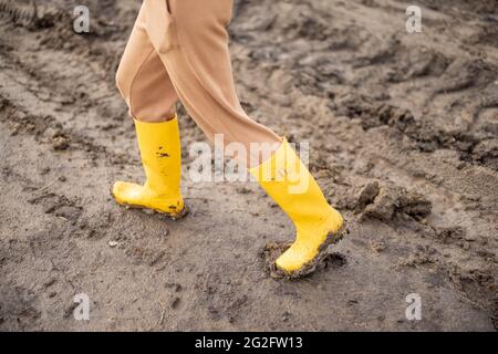 Gambe di agricoltore femminile in stivali di gomma gialla che camminano attraverso campo agricolo coltivato dopo la pioggia. Foto Stock