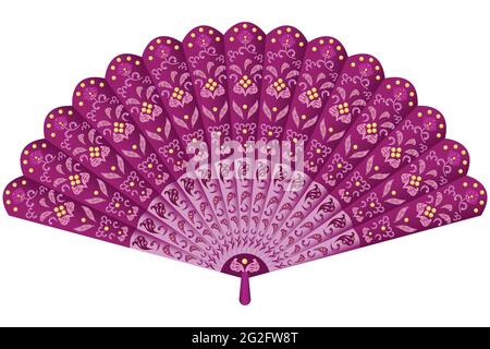 Ventilatore a mano ornato con motivi floreali decorazione in stile orientale. Illustrazione vettoriale, isolata su sfondo bianco Illustrazione Vettoriale