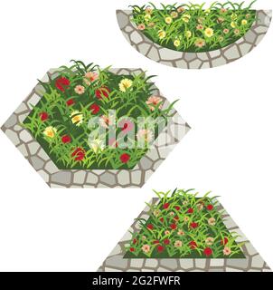 Set di fiori per creare la scena giardino. Chamomiles, fiori rossi e gialli in erba composti in fiore con bordo di pietra. Illustrazione vettoriale, isola Illustrazione Vettoriale