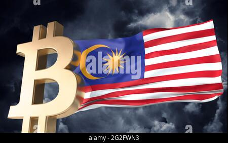 Criptovaluta in oro con bitronina e bandiera malese sventolante. Rendering 3D Foto Stock