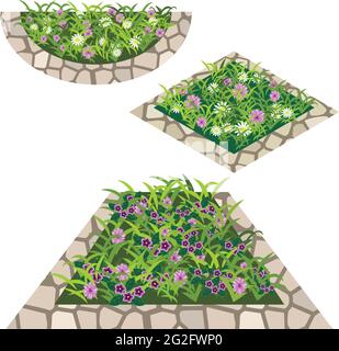 Set di fiori per creare la scena giardino. Chamomiles e altri fiori in erba composti in aiuole con bordo in pietra. Illustrazione vettoriale, isolata su Illustrazione Vettoriale