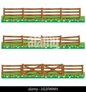 Set di recinzioni in legno di fattoria isolato su sfondo bianco con erba e fiori.si adatta come elementi di scena per cartone animato o gioco asset. Illustrazione vettoriale. Illustrazione Vettoriale