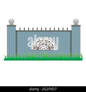 Recinzione in mattoni con pilastri e griglia decorativa. Elemento da utilizzare in maniero, casa o recinzione da giardino. Oggetto isolato su sfondo bianco. Vettore illustrati Illustrazione Vettoriale