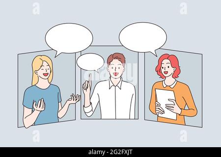 Comunicazione online e concetto di videoconferenza. Gruppo di giovani partner commerciali positivi che hanno riunioni remote online e discutono di progetti insieme illustrazione vettoriale Illustrazione Vettoriale