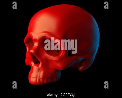 Cranio rosso scolpito astratto senza mandibola inferiore isolato su sfondo nero. 3d illustrazione Foto Stock