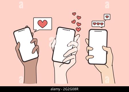Datazione in Internet e concetto di chat online. Mani umane che tengono gli smartphone con i propri gusti e i propri cuori nell'illustrazione vettoriale online dell'applicazione Illustrazione Vettoriale