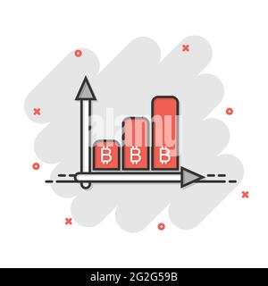 Icona di crescita Bitcoin in stile comico. Illustrazione vettoriale cartoon Blockchain su sfondo isolato bianco. Criptovaluta splash effect concetto di business Illustrazione Vettoriale