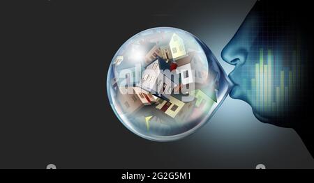 Mercato immobiliare inflazione e bolla immobiliare e speculazione residenziale concetto o sopravvalutato casa prezzi economia come inflazionistica finanziaria. Foto Stock