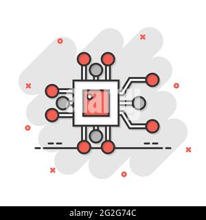 Icona chip del computer in stile comico. Illustrazione vettoriale su cartoni a circuito stampato su sfondo isolato bianco. Concep business effetto splash processore CPU Illustrazione Vettoriale