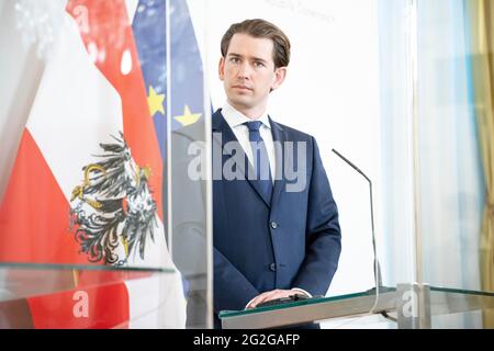 Vienna, Vienna, Austria. 11 Giugno 2021. Cancelleria federale Vienna: Conferenza stampa congiunta con il Cancelliere federale austriaco Sebastian Kurz e il primo ministro della repubblica lituana Simonyte Ingrida. Foto: Cancelliere federale austriaco, Sebastian Kurz (OEVP). Vienna, Austria. 11 Giugno 2021 Credit: Tobias Steinmaurer/ZUMA Wire/Alamy Live News Foto Stock