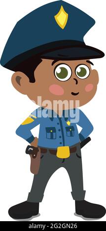 Un personaggio carino e adorabile in stile Cartoon. Asilo nido prescolare vestito come ufficiale di polizia professionale. Piccolo Kid in posa come Sherriff. Illustrazione Vettoriale