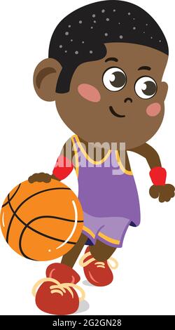 Un personaggio carino e adorabile in stile Cartoon. Asilo nido prescolare vestito da professionista Basketball Player. Piccolo Dribbling Kid nero Illustrazione Vettoriale