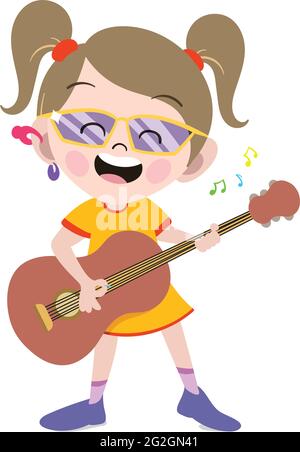 Un personaggio carino in stile Cartoon. Scuola materna ragazza prescolare vestita come cantante professionista. Piccola ragazza Bambino che canta e suona la chitarra. Illustrazione Vettoriale