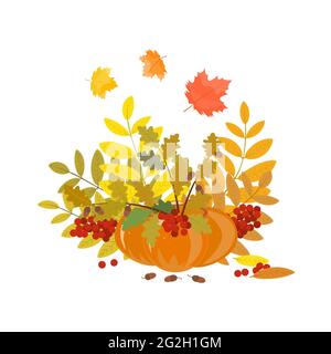 Bouquet autunnale di bacche di rowan, quercia, foglie d'acero e acorne in una zucca. Un elemento di design interno, cartolina, volantino o poster. Illustrazione vettoriale Illustrazione Vettoriale