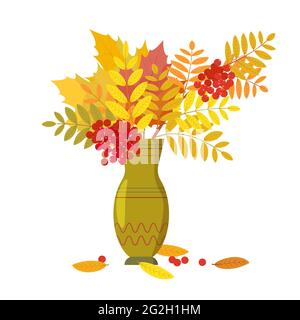 Bouquet autunnale di rowan e acero in vaso decorativo. Un elemento di progettazione per interni, cartoline, volantini o poster. Isolo illustrazione vettore Illustrazione Vettoriale