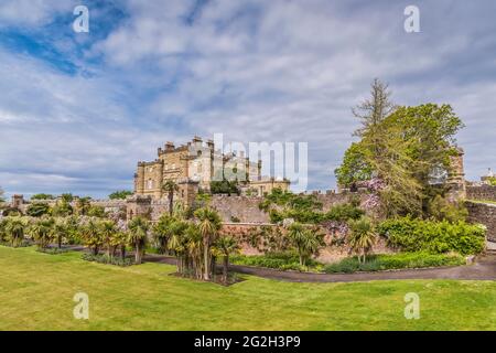 Scozia. Guardando verso il Castello di Culzean dal giardino murato e Fountain Court verde. Foto Stock