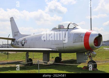 North American F-86A Sabre (1950), Midland Air Museum, Coventry Airport, Baginton, Warwickshire, Inghilterra, Gran Bretagna, Regno Unito, Europa Foto Stock