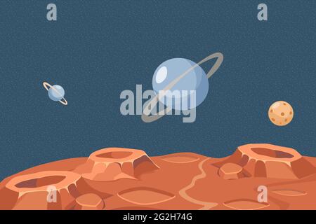 Immagine piatta del vettore della superficie lunare o del pianeta rosso. Spazio esterno con Saturno, Nettuno, pianeti e stelle. Esplorazione dello spazio, ricerche scientifiche e concetto di missione di colonizzazione dei pianeti. Illustrazione Vettoriale