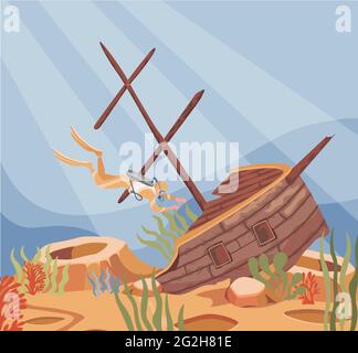 Subacqueo trovare affondato barca vettore immagine piatta. Uomo che nuota sott'acqua nella barriera corallina. Barca rotta in un mare blu. Uomo alla scoperta di una goletta pirata rovinata con tesoro. Illustrazione Vettoriale