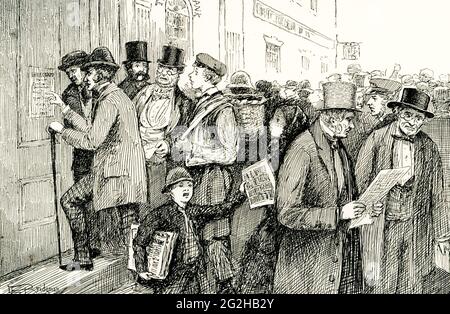 La didascalia di questa illustrazione del 1888 recita: Ogni banca della città [New York] ha sospeso il pagamento entro il 14 ottobre 1857. Il Panico del 1857 è stato un panico finanziario negli Stati Uniti causato dal declino dell'economia internazionale e dalla sovra-espansione dell'economia interna. A causa dell'invenzione del telegrafo di Samuel F. Morse nel 1844, il Panico del 1857 fu la prima crisi finanziaria a diffondersi rapidamente in tutti gli Stati Uniti. L'economia mondiale era anche più interconnessa nel 1850, che ha reso anche il Panico del 1857 la prima crisi economica mondiale. Foto Stock