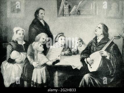 La sera di Lutero a casa. Martin Lutero è raffigurato qui a casa con la sua famiglia, cantando mentre suona il suo strumento. Martin Lutero (1483–1546) fu il leader tedesco della riforma protestante. Nel 1521 fu formalmente scomunicato dalla Chiesa Cattolica Romana e convocato prima della Dieta dei Worms. La Dieta era stata chiamata dall'imperatore Carlo V e, tra le altre cose, prese le dottrine diffuse da Lutero. Lutero arrivò sotto una condotta sicura il 16 aprile, rifiutò di cedere terreno in lunghe discussioni con i teologi. Katarina von Bora (1499-1552) era la moglie di Martin Lutero, ed essi h Foto Stock