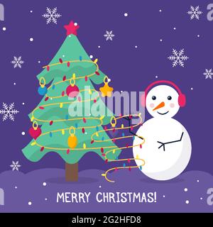 Snowman in cuffie decorano l'albero di Natale con palle, cuori, stelle, ghirlande. Sfondo in blu con fiocchi di neve per il testo, Buon Natale. Stampa su T-shirt, cuscino, tessuto, piatti. Vettore Illustrazione Vettoriale