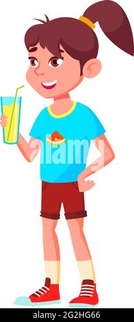 ragazza sorridente che beve un cocktail di frutta fresca su un vettore di cartoni animati festa per bambini Illustrazione Vettoriale