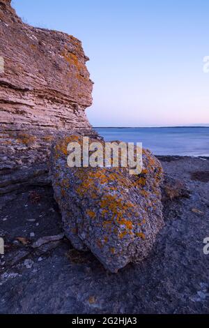 Umore serale sulla costa di Gamla Hamn, rocce calcaree ricoperte di lichene, Svezia, isola di Farö Foto Stock