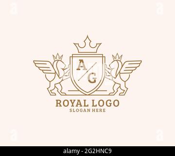 AG Letter Lion Royal Luxury Heraldic, Crest Logo template in arte vettoriale per ristoranti, Royalty, Boutique, Cafe, Hotel, Araldica, Gioielli, Moda e. Illustrazione Vettoriale