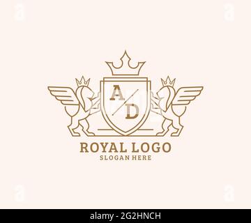 AD Letter Lion Royal Luxury Heraldic, Crest Logo template in arte vettoriale per Ristorante, Royalty, Boutique, Cafe, Hotel, Araldica, Gioielli, Moda e. Illustrazione Vettoriale