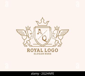 AQ Letter Lion Royal Luxury Heraldic, Crest Logo template in arte vettoriale per ristoranti, Royalty, Boutique, Cafe, Hotel, Araldica, Gioielli, Moda e. Illustrazione Vettoriale