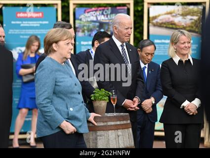 Newquay, Regno Unito. 11 Giugno 2021. La cancelliera tedesca Angela Merkel e il presidente degli Stati Uniti Joe Biden vengono raffigurati durante un ricevimento e una cena ospitati dall'Eden Project il 11 giugno 2021, in Cornovaglia, Regno Unito. Il primo ministro Boris Johnson presiede il vertice del G7 che si svolge a Carbis Bay, in Cornovaglia. Photo by Karwai Tang/G7 Cornwall 2021/UPI Credit: UPI/Alamy Live News Foto Stock