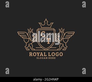 CT Letter Lion Royal Luxury Heraldic, modello con logo Crest in arte vettoriale per ristoranti, Royalty, Boutique, Cafe, Hotel, Araldica, Gioielli, Moda e. Illustrazione Vettoriale