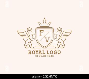 FV Letter Lion Royal Luxury Heraldic, Crest Logo template in arte vettoriale per ristoranti, Royalty, Boutique, Cafe, Hotel, Araldica, Gioielli, Moda e. Illustrazione Vettoriale