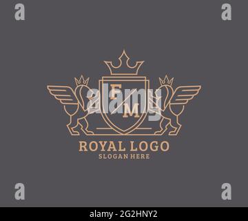 FM Letter Lion Royal Luxury Heraldic, modello con logo Crest in arte vettoriale per ristoranti, Royalty, Boutique, Cafe, Hotel, Araldica, Gioielli, Moda e. Illustrazione Vettoriale