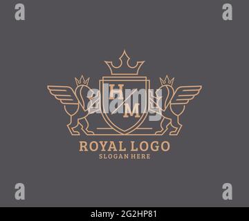 HM Letter Lion Royal Luxury Heraldic, Crest Logo template in arte vettoriale per ristoranti, Royalty, Boutique, Cafe, Hotel, Araldica, Gioielli, Moda e. Illustrazione Vettoriale