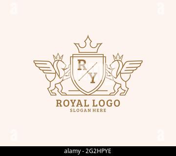RY Letter Lion Royal Luxury Heraldic, Crest Logo template in arte vettoriale per ristoranti, Royalty, Boutique, Cafe, Hotel, Araldica, Gioielli, Moda e. Illustrazione Vettoriale