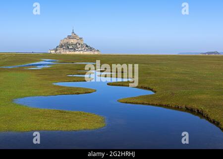 Corso d'acqua meandering nei prati della baia di Mont-Saint-Michel, Francia, Normandia, Dipartimento Manica Foto Stock