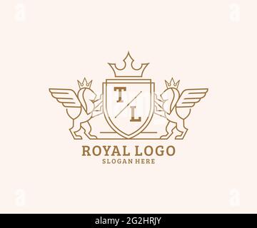 TL Letter Lion Royal Luxury Heraldic, Crest Logo template in arte vettoriale per Ristorante, Royalty, Boutique, Cafe, Hotel, Araldica, Gioielli, Moda e. Illustrazione Vettoriale